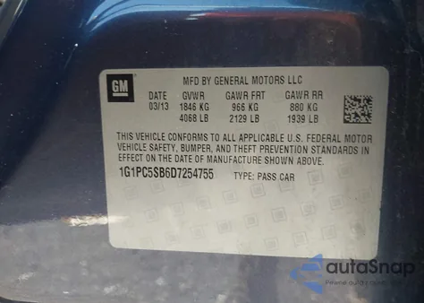 2013 Chevrolet Cruze 1Lt Auto z USA, uszkodzony, nr VIN 1G1PC5SB6D7254755